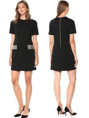 CALVIN KLEIN Short Sleeve Studded Black Shift Dress Pockets Womens 10 Office